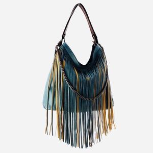 Light blue and brown vegan leather Fringe Hobo